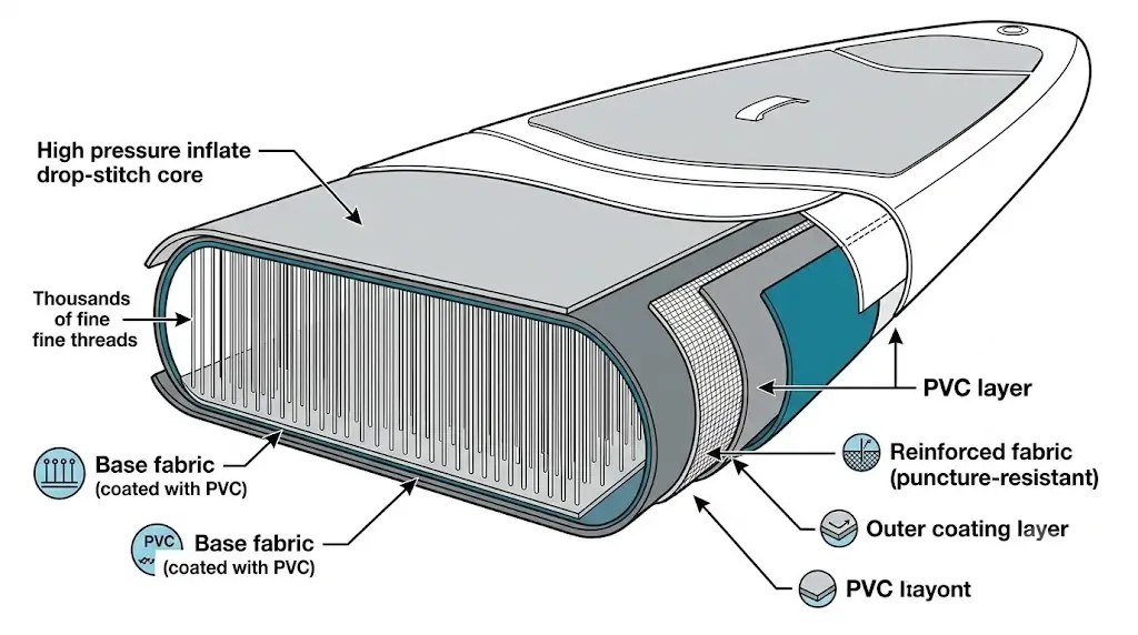 Cross-section diagram illustrating drop-stitch PVC core and multi-layer puncture-resistant sidewalls