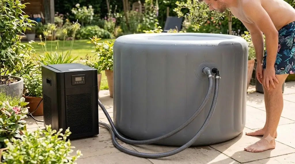Inflatable cold plunge barrel connected to external chiller via reinforced quick-connect hoses