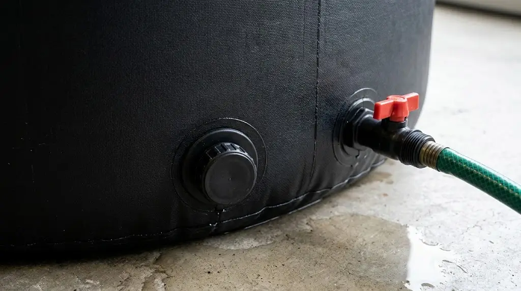 Close-up of low-profile bottom drain plug and side hose spigot on an inflatable cold plunge tub