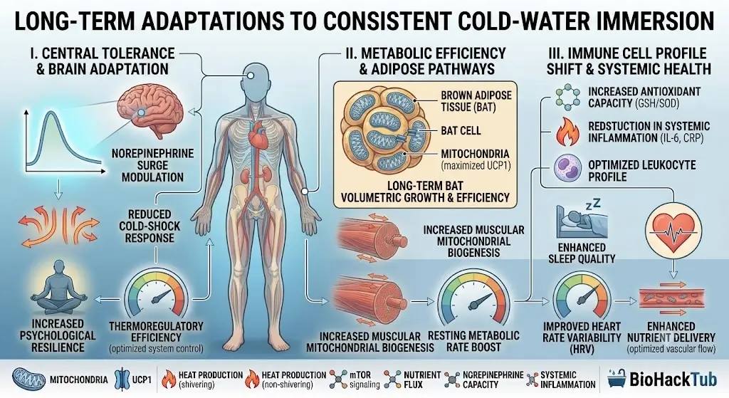 Diagram of long-term adaptations to consistent cold-water immersion illustrating central tolerance, metabolic adaptation, and immune cell profile changes