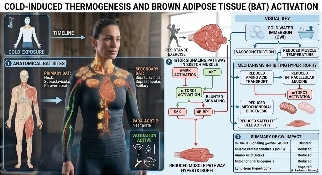 Medical diagram illustrating cold-induced thermogenesis and brown adipose tissue BAT activation