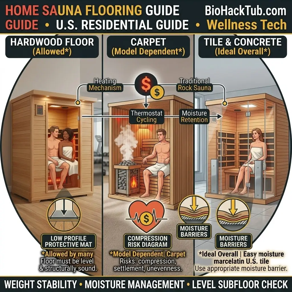 Infrared sauna flooring comparison showing placement on hardwood floors versus carpet and tile