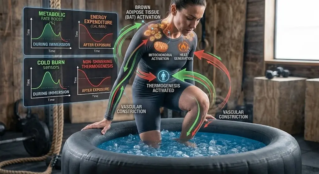 Person stepping into a cold plunge tub to activate thermogenesis and brown adipose tissue