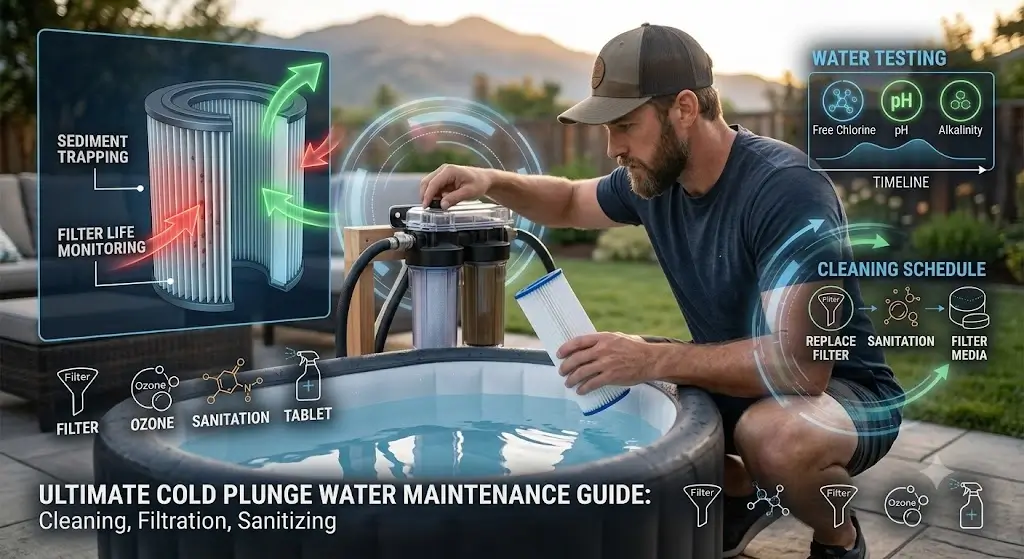 Home cold plunge owner inspecting water clarity and sediment filtration system