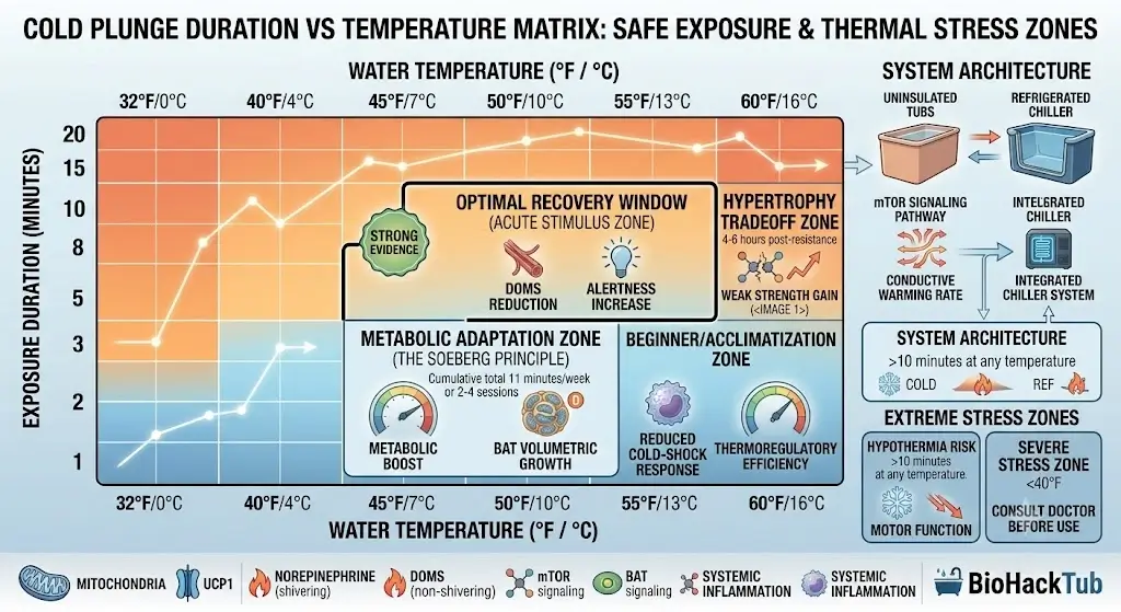 Cold plunge duration vs temperature matrix diagram illustrating safe exposure time windows and thermal stress zones