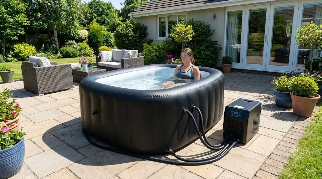 Inflatable cold plunge tub setup on a residential patio with water chiller hoses
