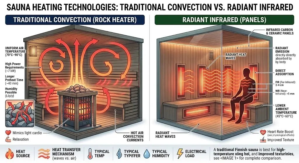 Comparison between infrared radiant heating panels and traditional convection rock sauna heaters