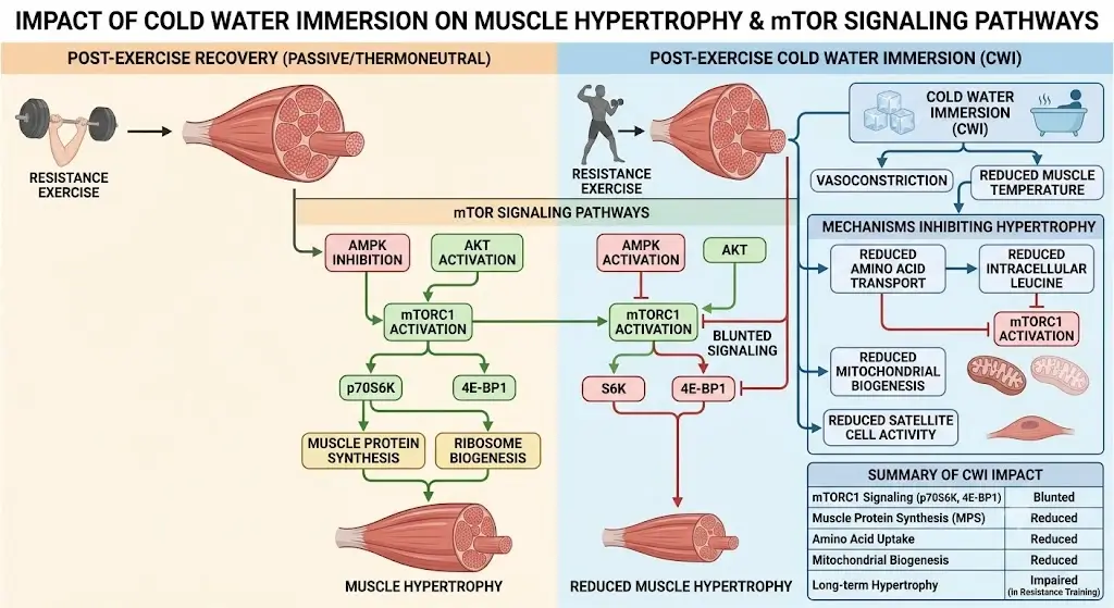 Cellular signaling diagram contrasting hypertrophy pathway with blunted post-cold plunge response