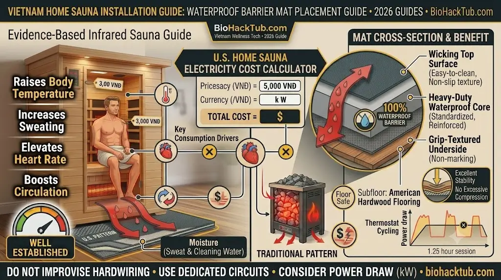 Diagram showing heavy duty waterproof barrier mat placed between an infrared sauna and hardwood flooring