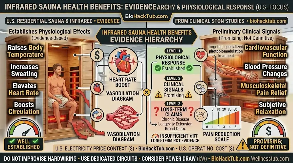 Infrared sauna health benefits evidence hierarchy chart from physiological response to long term claims
