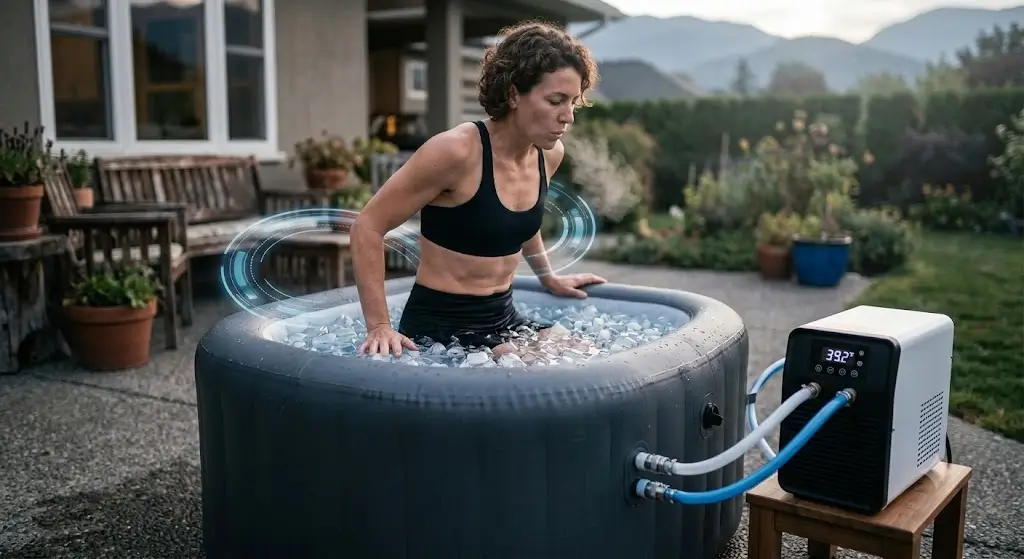 Compact drop-stitch portable ice bath tub set up on a home patio with water chiller connection