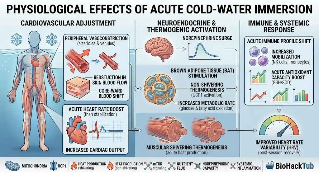 Diagram showing the physiological effects of cold-water immersion on peripheral vasoconstriction, heart rate, and brown adipose tissue stimulation