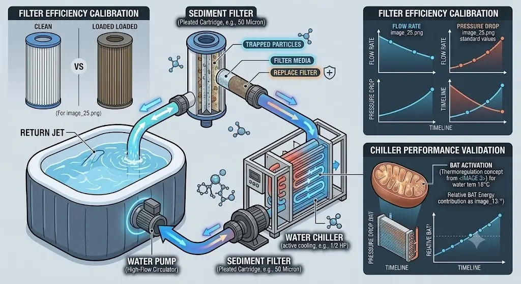 Diagram of a cold plunge water circulation loop showing sediment filter, water chiller, and pump flow