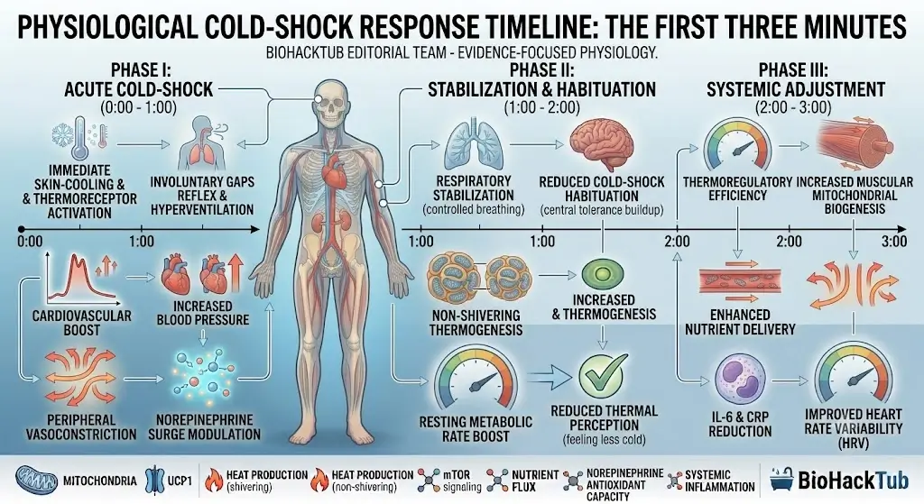 Timeline diagram of physiological cold-shock response during the first three minutes of cold-water immersion
