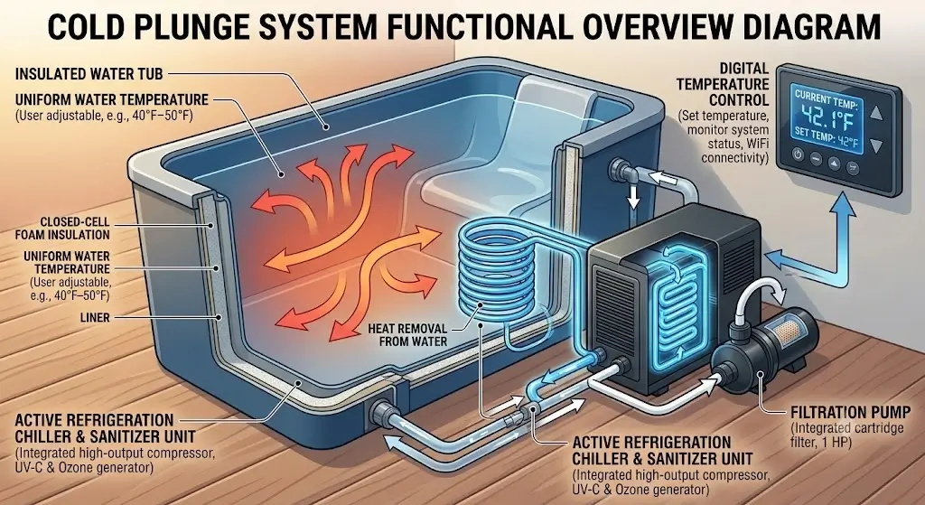 Cold plunge system overview diagram displaying water tub container, active refrigeration chiller loop, filtration pump, and digital temperature control